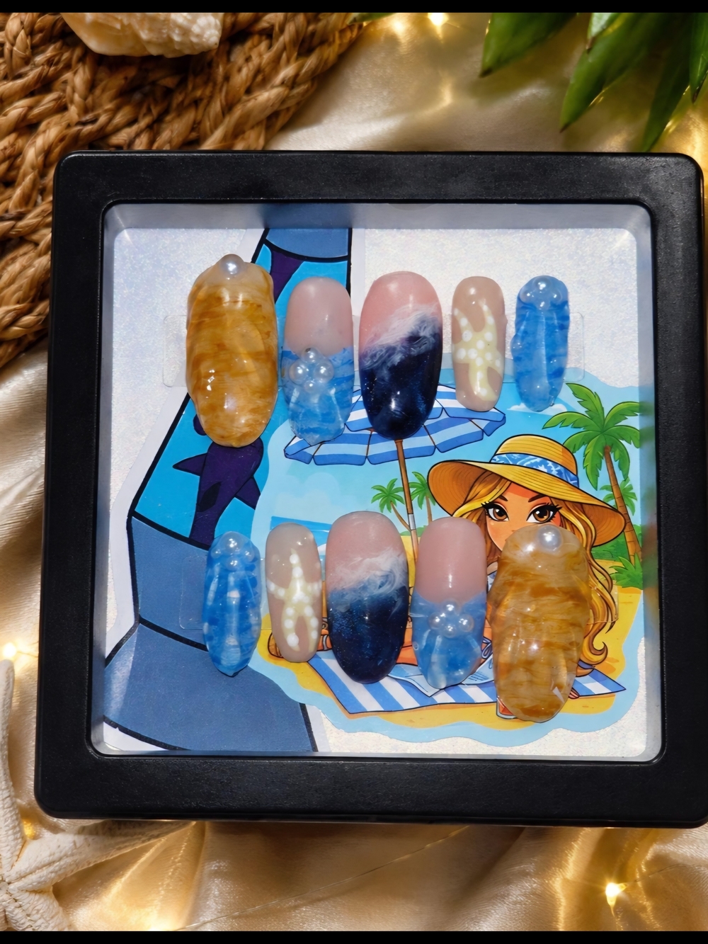 Handmade‎ Beach-Inspired Press-On Nail Set in Blue, Tan & Pink